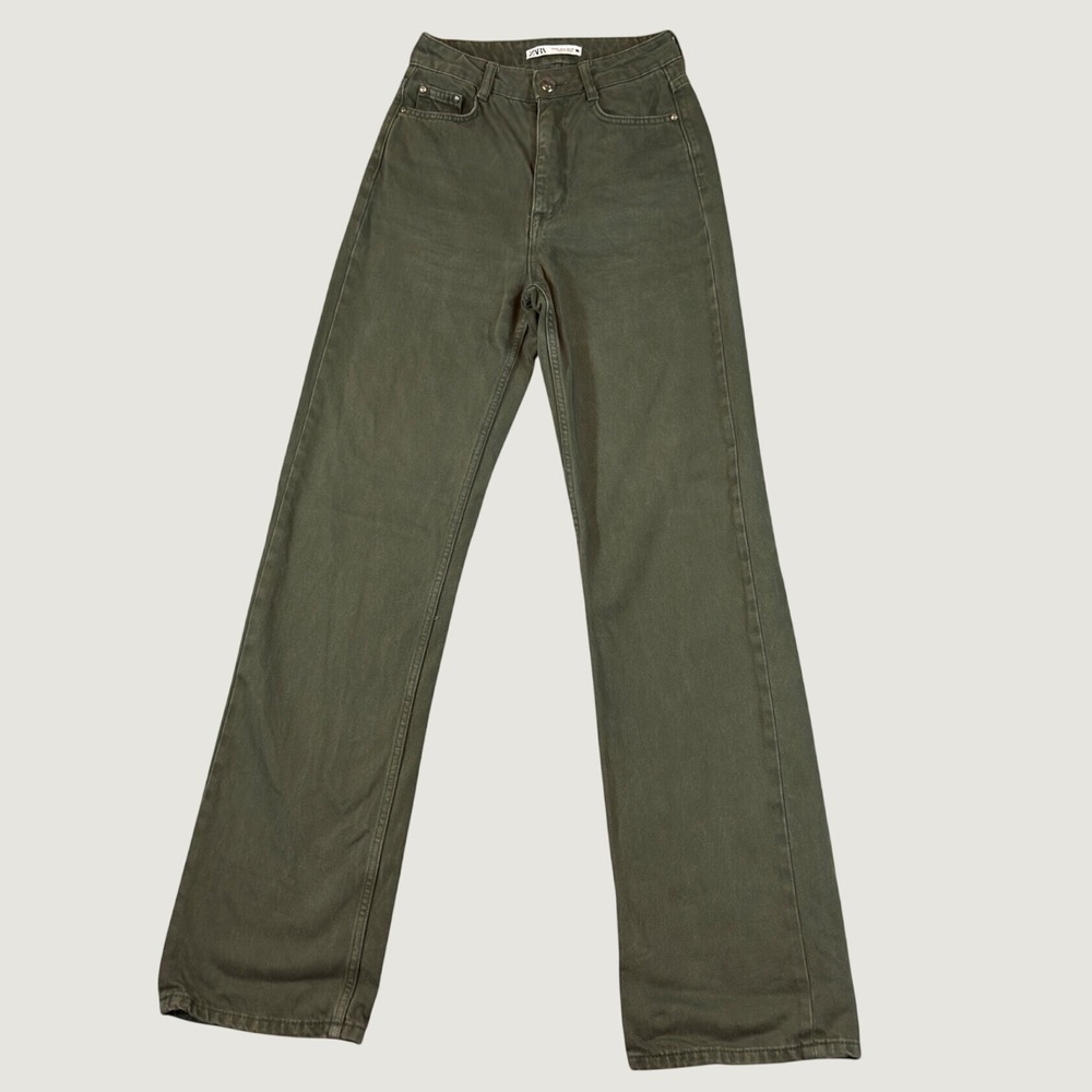 Zara Jeans Womens 2 Green Straight Leg High Waist Denim Pants Utility Gorpcore